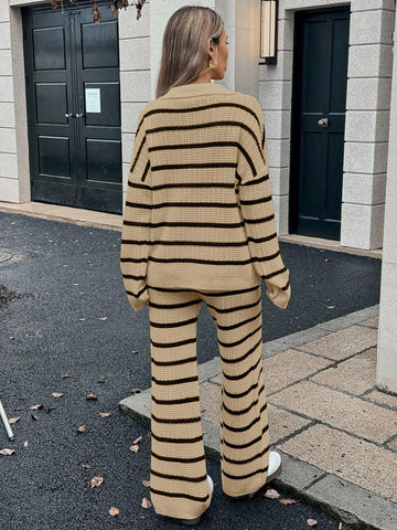 Relaxiva Women's Loose Striped V-Neck Drop Shoulder Long Sleeve Sweater & Elastic Waist Striped Sweatpants