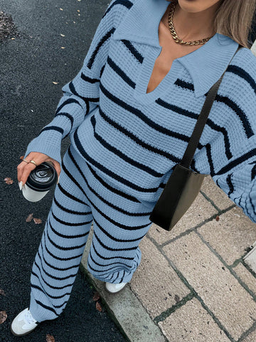 Relaxiva Women's Loose Striped V-Neck Drop Shoulder Long Sleeve Sweater & Elastic Waist Striped Sweatpants