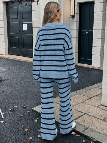 Relaxiva Women's Loose Striped V-Neck Drop Shoulder Long Sleeve Sweater & Elastic Waist Striped Sweatpants