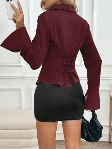 Women's Elegant Solid Color Tie-Waist Split-Hem Flare Sleeve Fitted Blouse