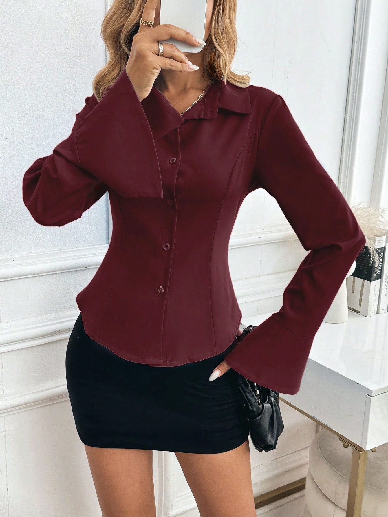 Women's Elegant Solid Color Tie-Waist Split-Hem Flare Sleeve Fitted Blouse