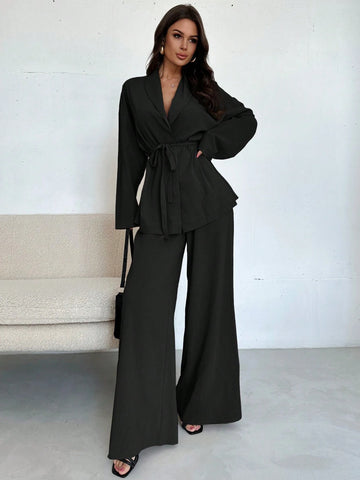 Women Collar Tie Waist Loose Shacket With High Waist Soft Pants