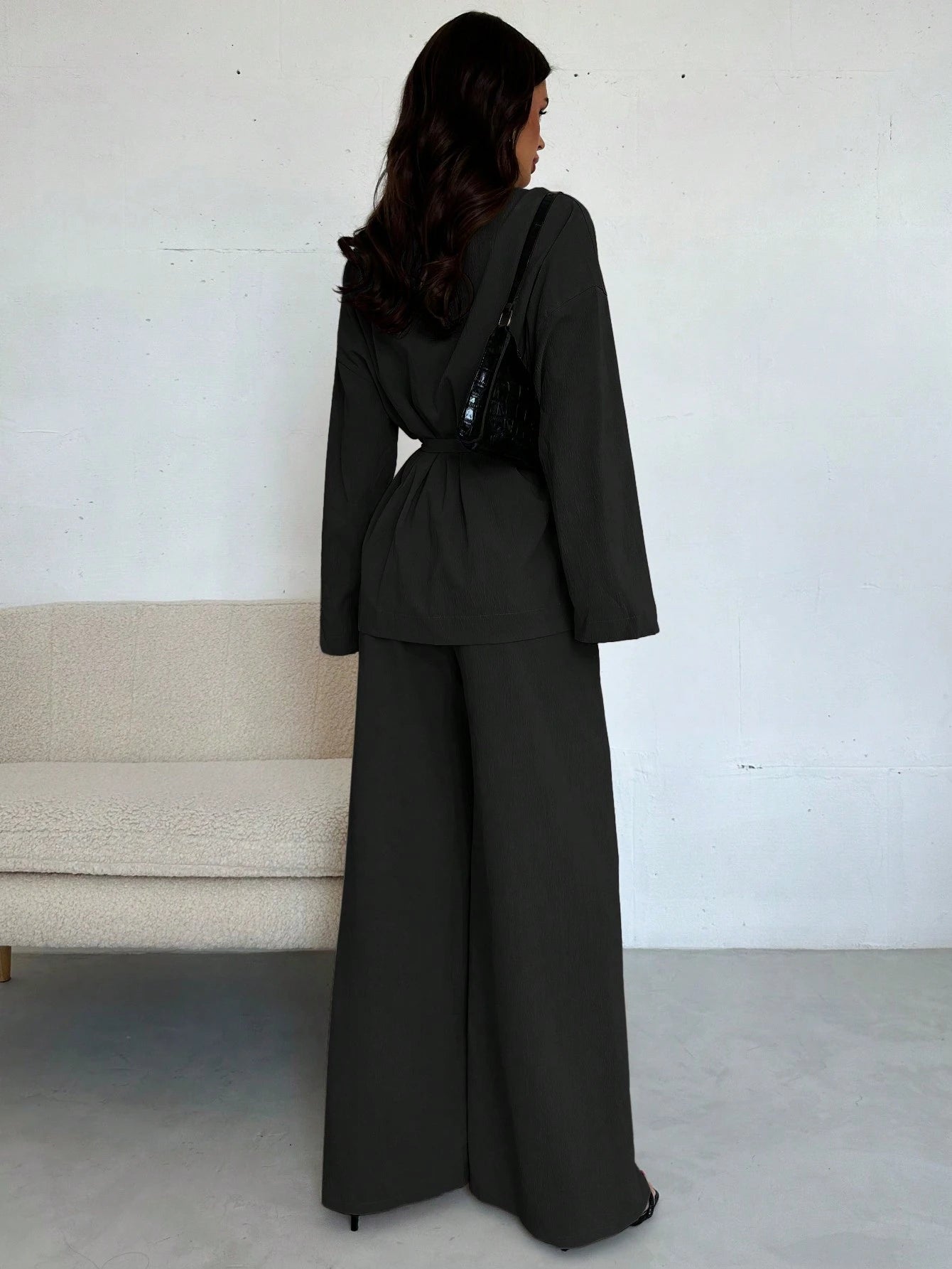 Women Collar Tie Waist Loose Shacket With High Waist Soft Pants