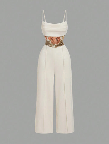 Women's Spaghetti Strap Ruched Waist Floral Jacquard Apricot Jumpsuit
