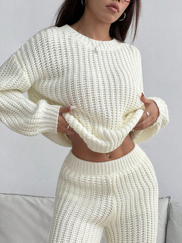 MOOSTA Solid Color Drop Shoulder Sweater And Knitted Wide Leg Pants