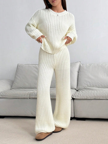 MOOSTA Solid Color Drop Shoulder Sweater And Knitted Wide Leg Pants