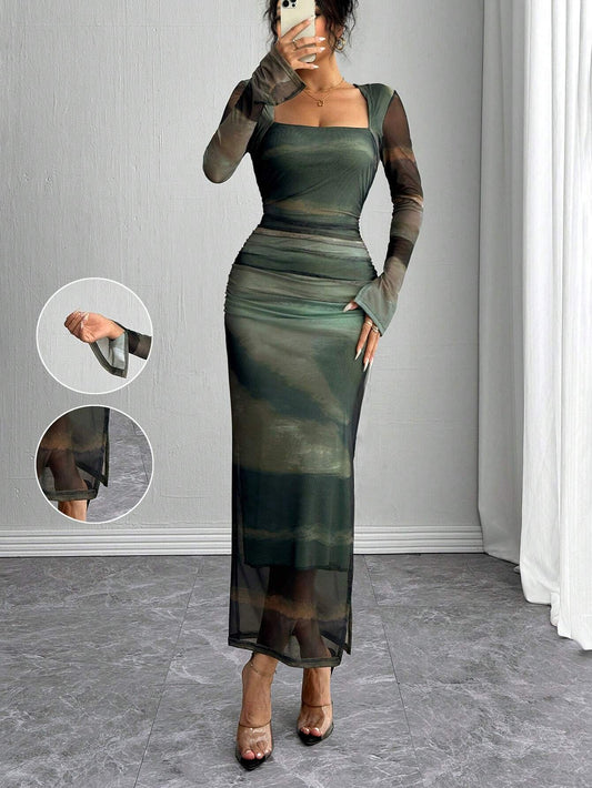 Rafferiza Long Sleeve, Split Cuff, Drawcord Waist, U-Neck, Mesh Abstract Print Fitted Dress
