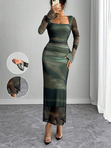 Rafferiza Long Sleeve, Split Cuff, Drawcord Waist, U-Neck, Mesh Abstract Print Fitted Dress