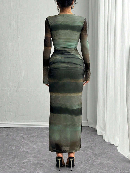 Rafferiza Long Sleeve, Split Cuff, Drawcord Waist, U-Neck, Mesh Abstract Print Fitted Dress