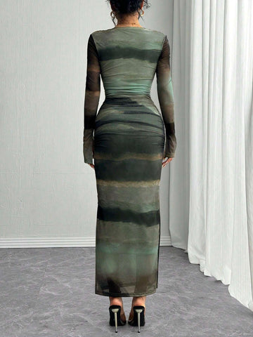 Rafferiza Long Sleeve, Split Cuff, Drawcord Waist, U-Neck, Mesh Abstract Print Fitted Dress
