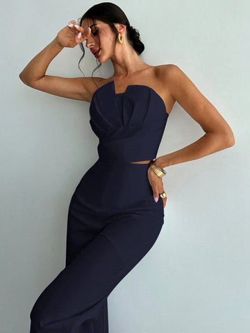 Women's Elegant Design Asymmetrical Fitted Tube Top & High Waist Faux Boned Straight Leg Pants