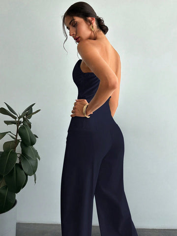 Women's Elegant Design Asymmetrical Fitted Tube Top & High Waist Faux Boned Straight Leg Pants