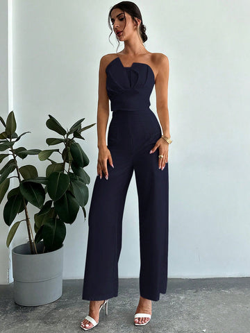 Women's Elegant Design Asymmetrical Fitted Tube Top & High Waist Faux Boned Straight Leg Pants