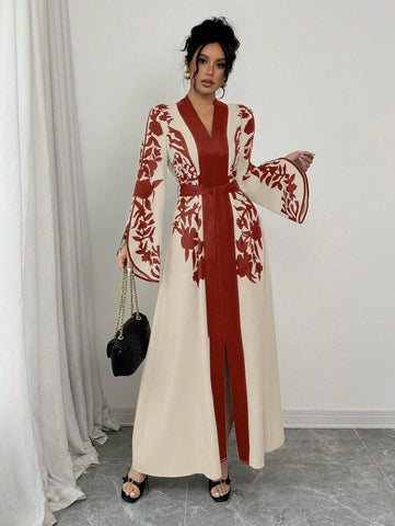 Clasi 1pc Women's Solid Color Splice Long Sleeve Printed Minimalist Long Casual Dress