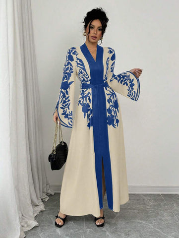 Clasi 1pc Women's Solid Color Splice Long Sleeve Printed Minimalist Long Casual Dress