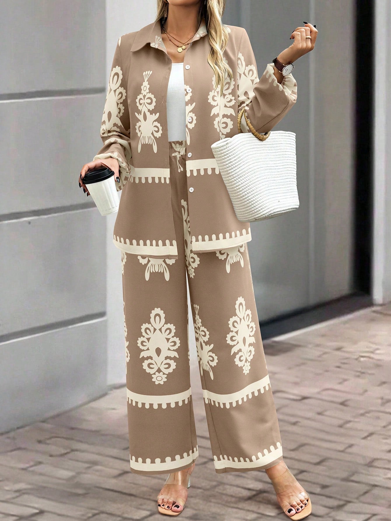 Clasi 2pcs Women's Random Print Front Button Long Sleeve Top And Pants