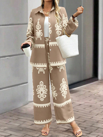 Clasi 2pcs Women's Random Print Front Button Long Sleeve Top And Pants