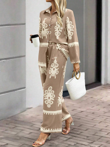 Clasi 2pcs Women's Random Print Front Button Long Sleeve Top And Pants