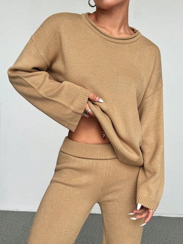 MOOSTA Solid Color Drop Shoulder Sweater And Knitted Wide Leg Pants