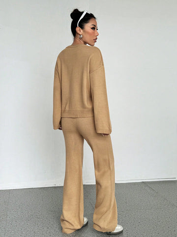 MOOSTA Solid Color Drop Shoulder Sweater And Knitted Wide Leg Pants