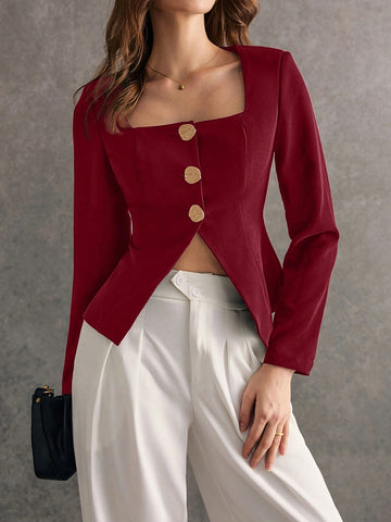 Poéselle Women's Solid Color Square Neckline Button Front Elegant Long Sleeve Regular Jacket