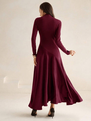 Anewsta Urban High-End Knitted & Woven Mixed Long Sleeve Mock Neck High Low Hem Midi Dress