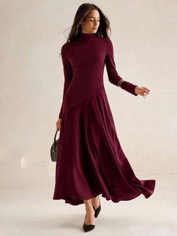 Anewsta Urban High-End Knitted & Woven Mixed Long Sleeve Mock Neck High Low Hem Midi Dress