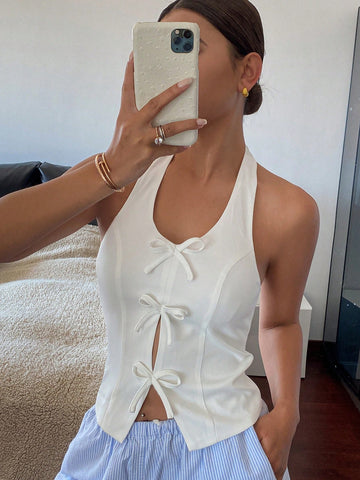 Women's Large U-Neck Bow Front Halter Blouse