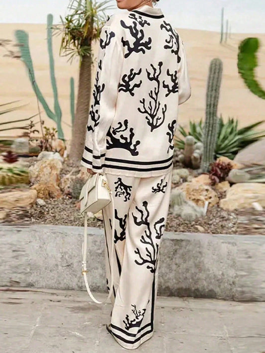 Women Set Front Button Long Sleeve Printed Casual Top And Pants
