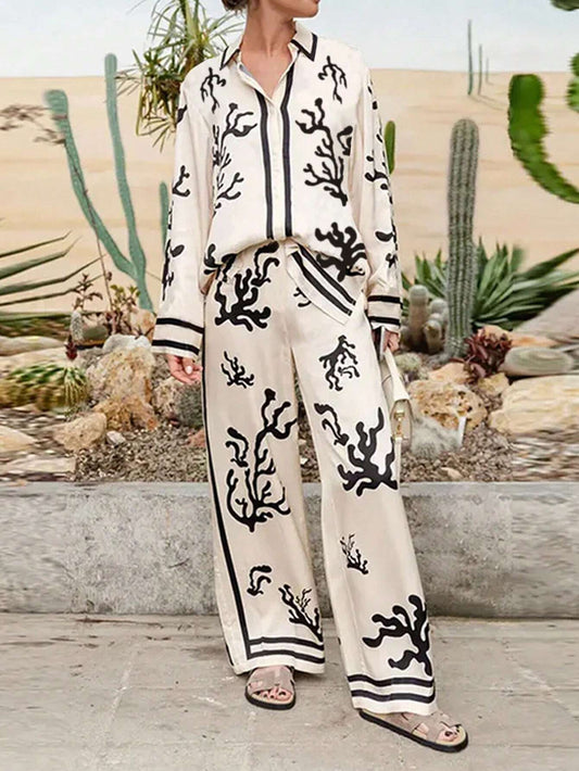 Women Set Front Button Long Sleeve Printed Casual Top And Pants