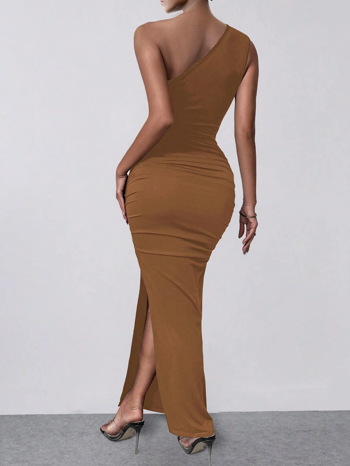 Women Solid Color Slim One Shoulder Ruffle Evening Party Slit Dress