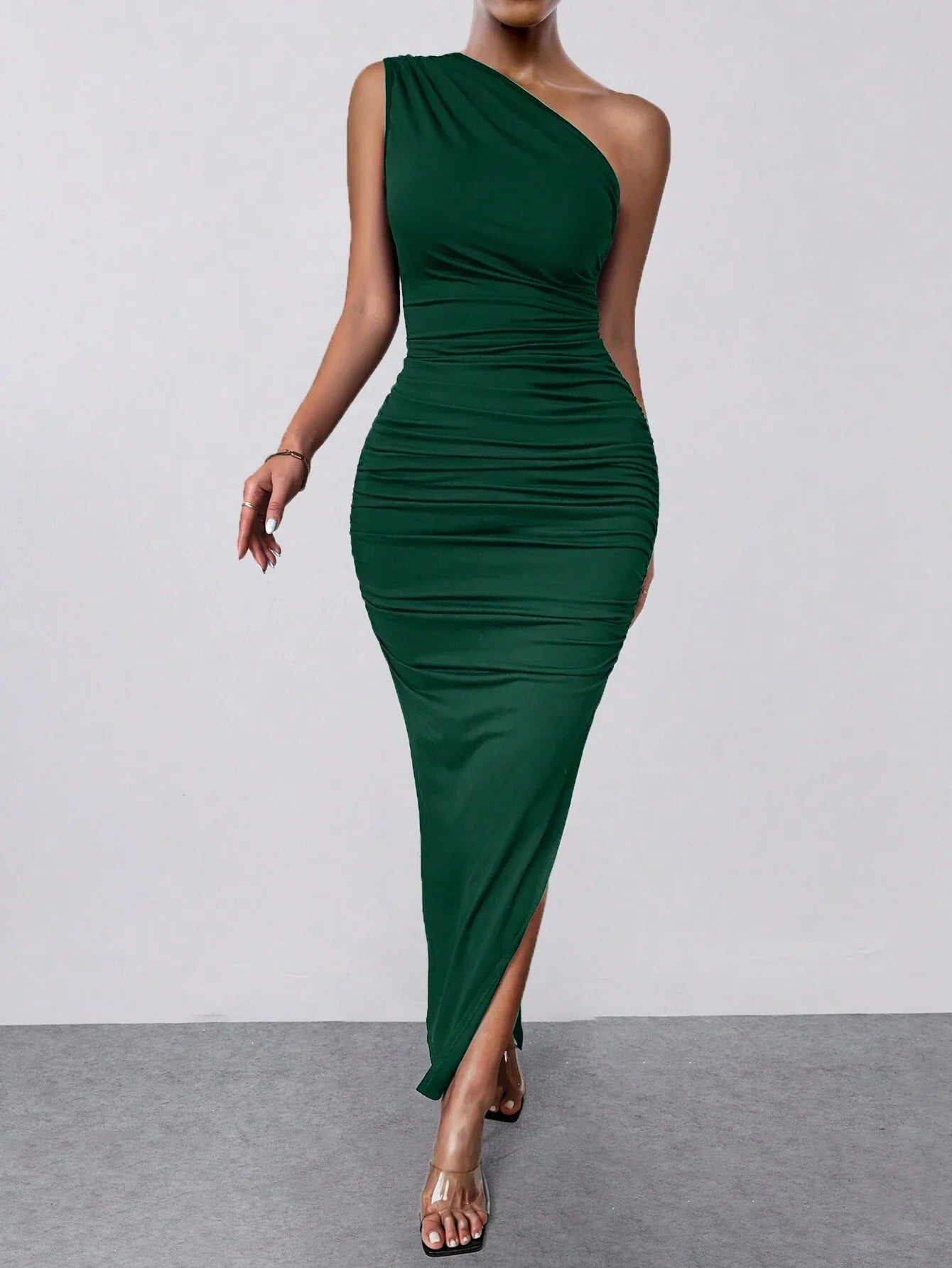 Women Solid Color Slim One Shoulder Ruffle Evening Party Slit Dress