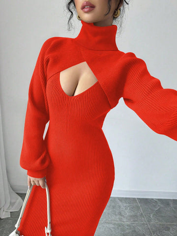 Raffinéa V-Neck Sleeveless Sweater Dress + High Neck Cropped Lantern Sleeve Pullover Sweater Set