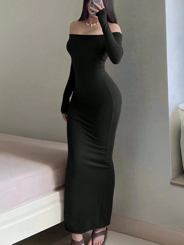 INAWLY Women Elegant Solid Color Off-Shoulder Fitted Dress