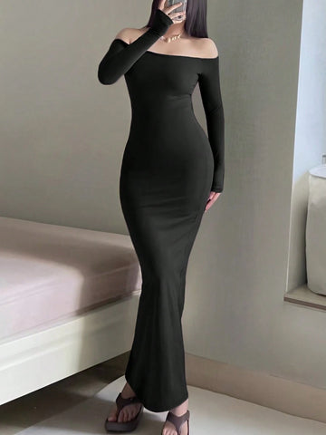 INAWLY Women Elegant Solid Color Off-Shoulder Fitted Dress