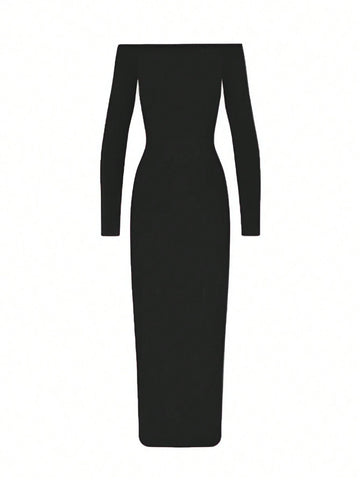 Women's Solid Color Off Shoulder Long Sleeve Slim Fit Long Dress