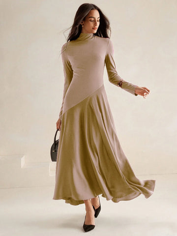 Anewsta Urban High-End Knitted & Woven Mixed Long Sleeve Mock Neck High Low Hem Midi Dress