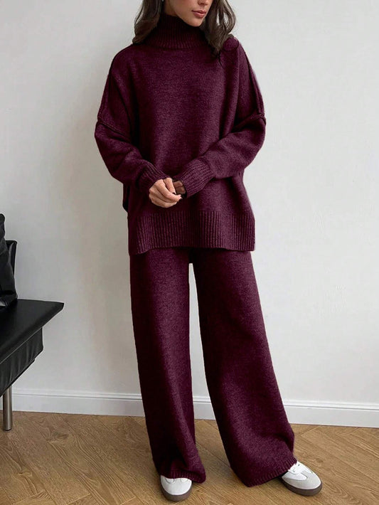 INAWLY 2 Piece Set Women Stand Collar Solid Color Sweater And Long Pants