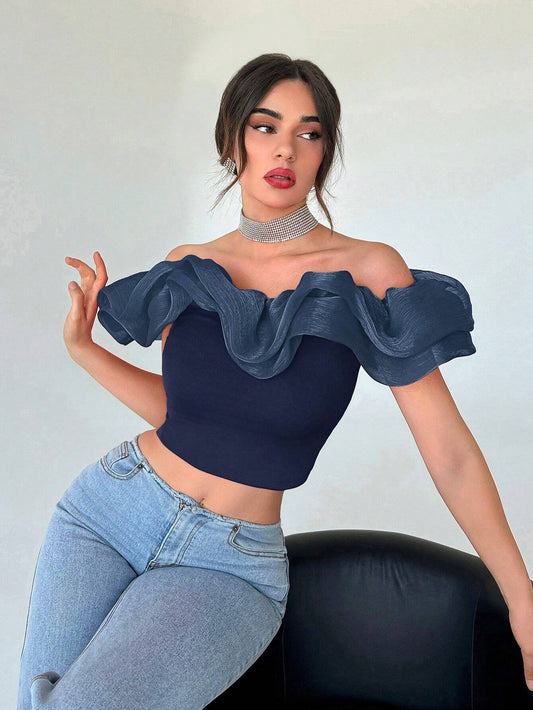 Aloruh Women's Exaggerated Off Shoulder Cropped Top