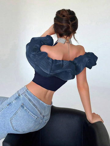 Aloruh Women's Exaggerated Off Shoulder Cropped Top