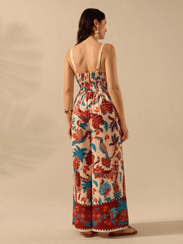 Women's Boho Leopard, Pineapple, Tropical Flora And Fauna Print, Sleeveless Black Long Jumpsuit