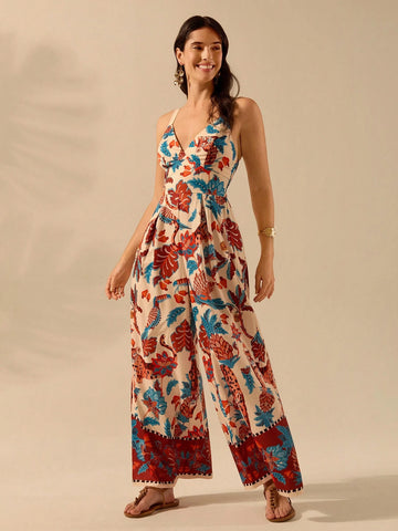 Women's Boho Leopard, Pineapple, Tropical Flora And Fauna Print, Sleeveless Black Long Jumpsuit