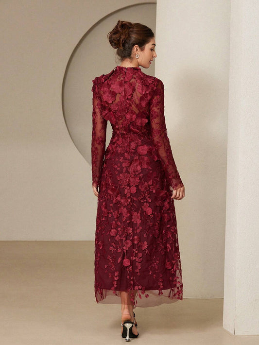 Aveloria Rosie Elegant Romantic 3D Floral Embroidery Dress With Stand Collar And Cinched Waist