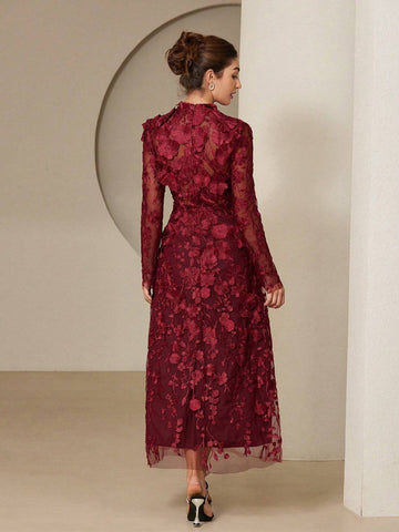 Aveloria Rosie Elegant Romantic 3D Floral Embroidery Dress With Stand Collar And Cinched Waist