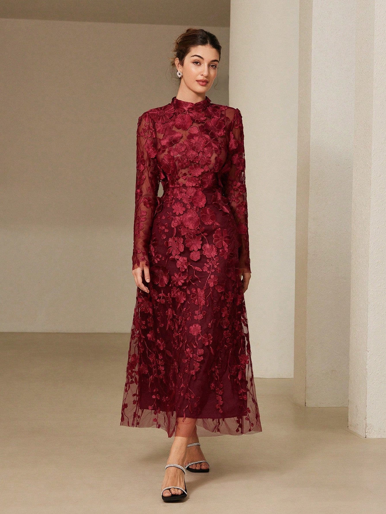 Aveloria Rosie Elegant Romantic 3D Floral Embroidery Dress With Stand Collar And Cinched Waist