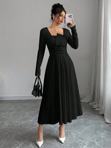 Women's Elegant Solid Asymmetric Collar Long Sleeve Ruched Waist Aline Dress