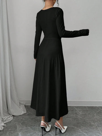 Women's Elegant Solid Asymmetric Collar Long Sleeve Ruched Waist Aline Dress