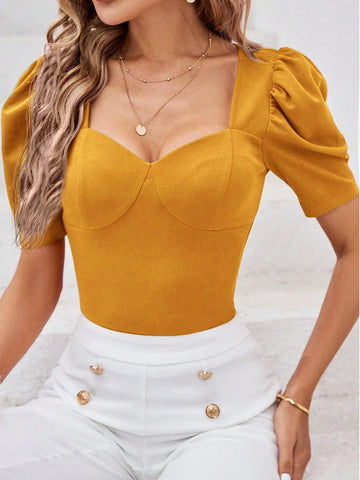 Clasi Ladies' Slim-Fit Sweetheart Neck Top With Mutton Sleeves