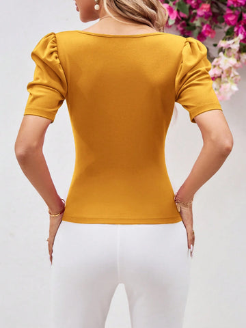 Clasi Ladies' Slim-Fit Sweetheart Neck Top With Mutton Sleeves