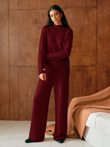 MOTF PREMIUM SOLID DROP SHOULDER OVERSIZE HIGH NECK SWEATER & KNIT PANTS SET